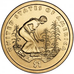 Монета 1 доллар. Индианка, выращивающая «трёх сестёр» (тыкву, кукурузу, фасоль). 2009 год