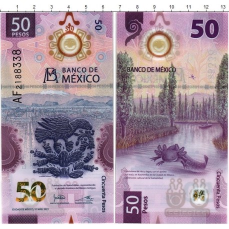 Мексика 50 песо кәгазь акчасы. 2021 ел. Пластик