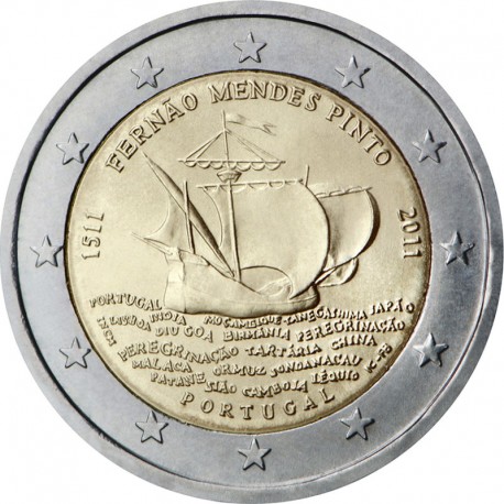 2 евро Португалия. 500 лет со дня рождения Фернана Мендиша Пинту. 2011 год