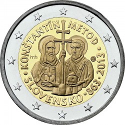 2 евро Словакия. 1150 лет с прибытия миссии Кирилла и Мефодия в Великую Моравию. 2013 год