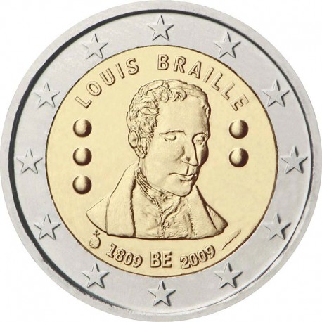 2 евро Бельгия. 200 лет со дня рождения Луи Брайля. 2009 год