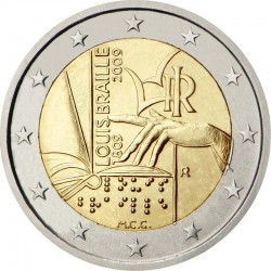2 евро Италия. 200 лет со дня рождения Луи Брайля. 2009 год