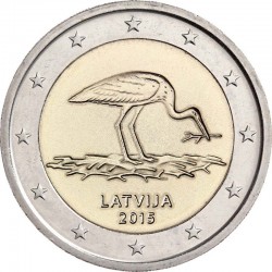 2 евро Латвия. Чёрный аист. Природа в опасности. 2015 год