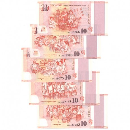 Набор из 5 банкнот 10 долларов Сингапур. 2015 год