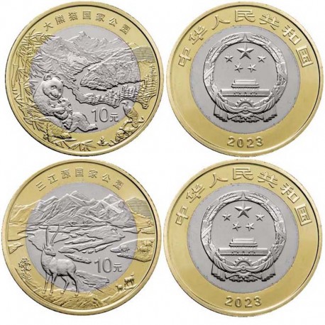 Набор из 2 монет Китай 10 юаней. Национальный парк Гигантских панд и Тибетская Антилопа. 2023 год