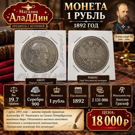 Монета 1 рубль 1892 год. Александр 3. Борода длинная.